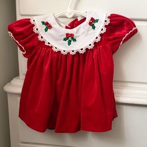 Vintage Red Velvet Baby Dress with Embroidered Collar